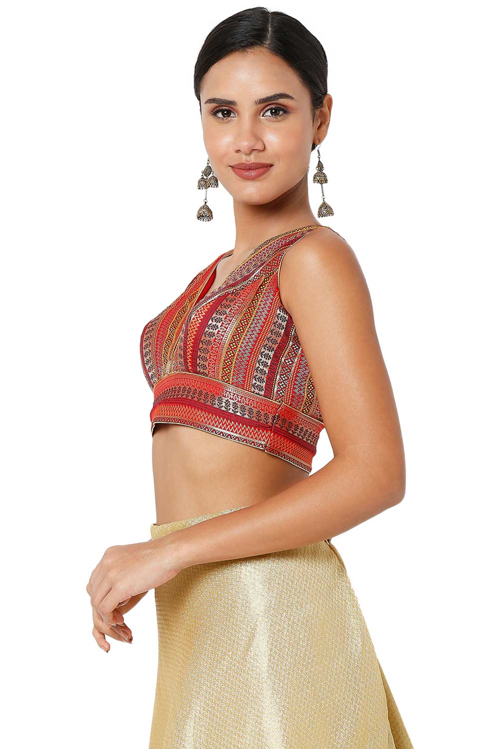 Surya Maroon Brocade Woven Design V-Neck Sleeveless Blouse