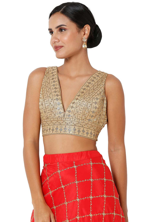 Adina Copper Gold Tissue Embroidered V-Neck Sleeveless Blouse