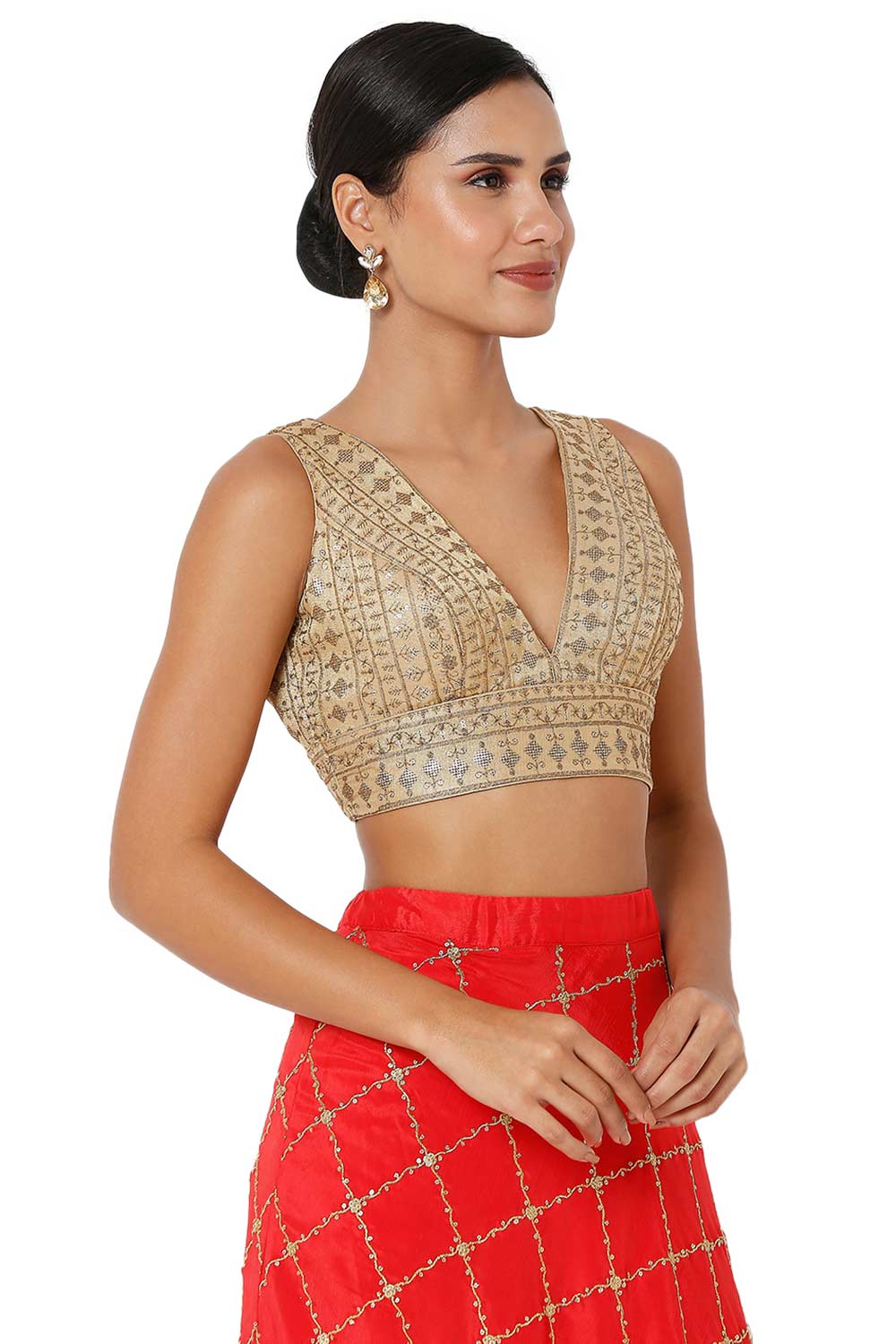 Adina Copper Gold Tissue Embroidered V-Neck Sleeveless Blouse