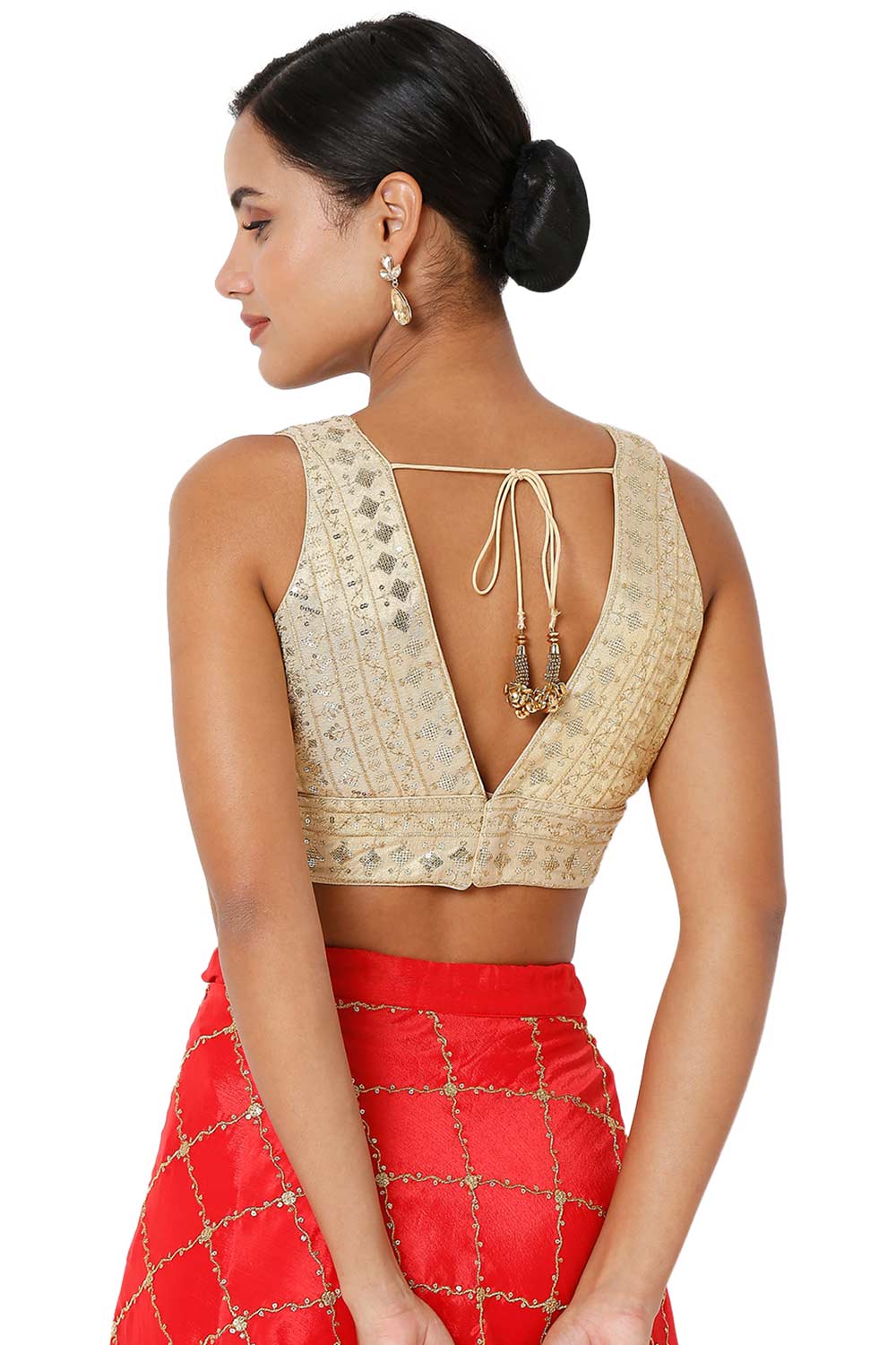 Adina Gold Tissue Embroidered V-Neck Sleeveless Blouse