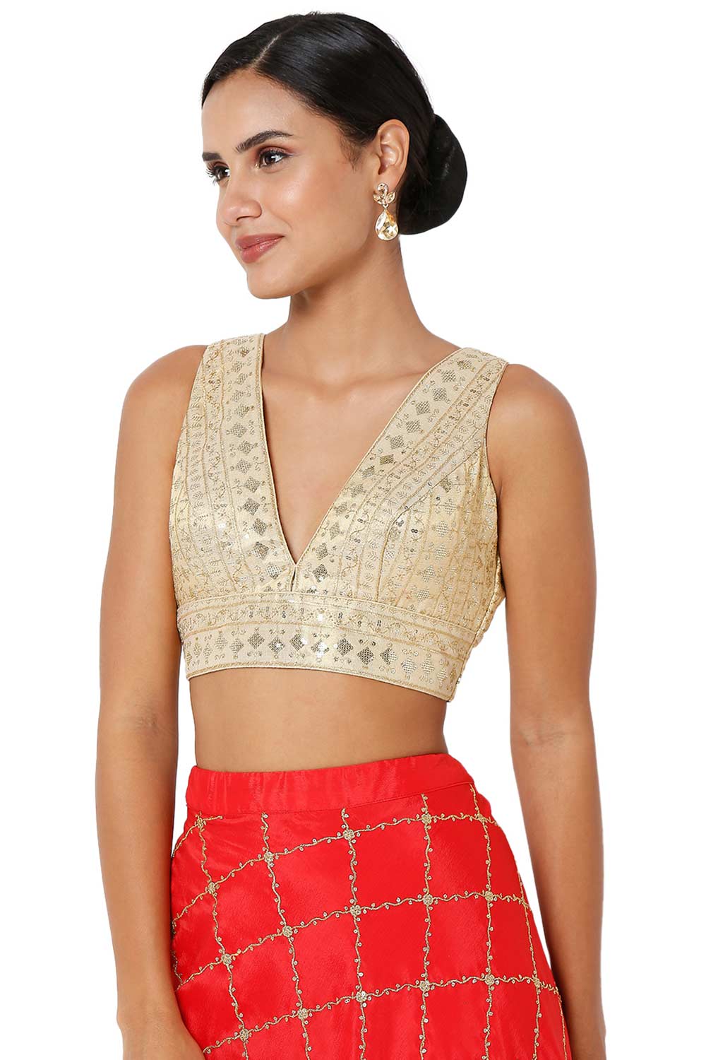Adina Gold Tissue Embroidered V-Neck Sleeveless Blouse