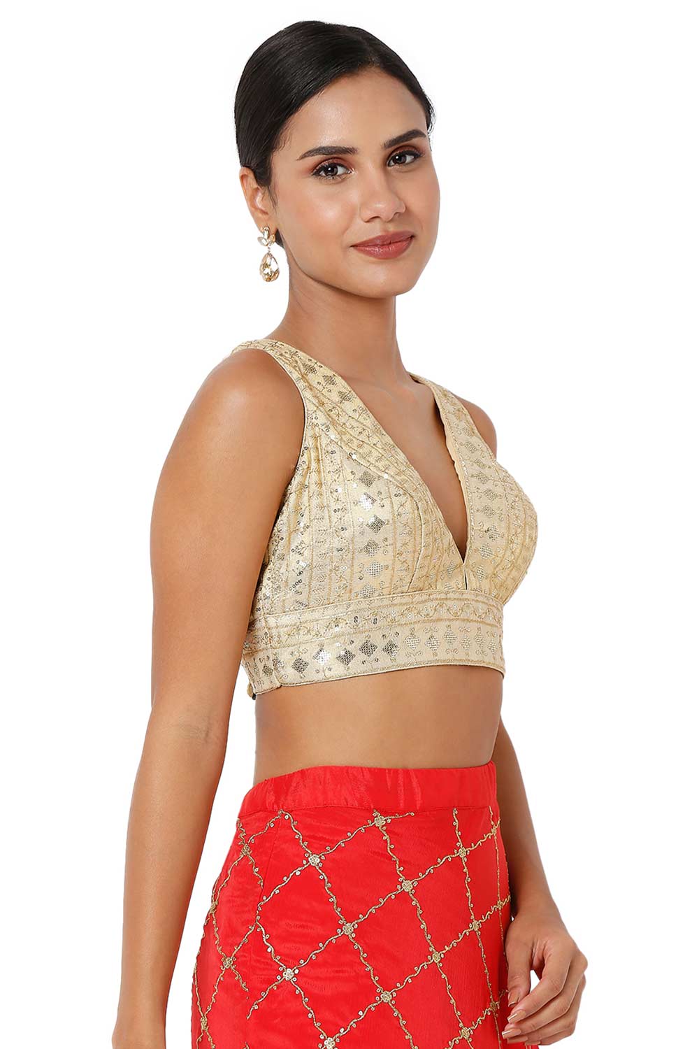 Adina Gold Tissue Embroidered V-Neck Sleeveless Blouse