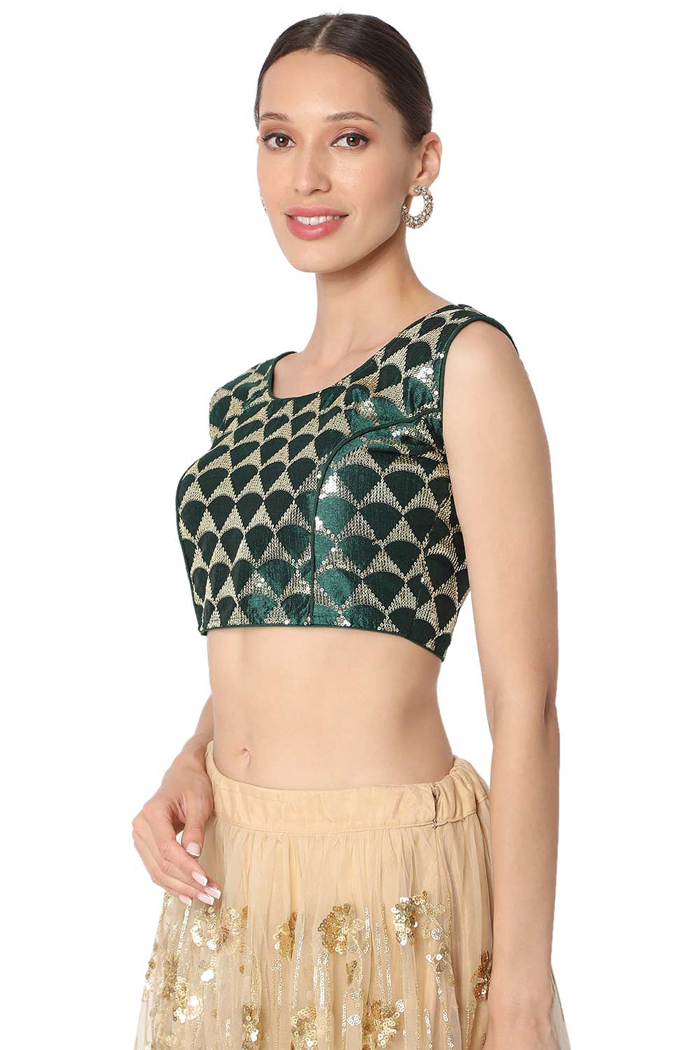Lili Green Silk Blend Sequin Embroidered Sleeveless Blouse