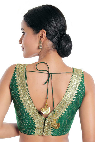 Uma Green Art Silk Embroidered V-Neck Sleeveless Blouse