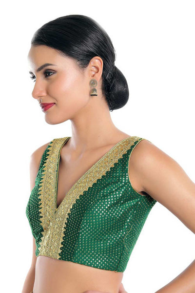 Uma Green Art Silk Embroidered V-Neck Sleeveless Blouse