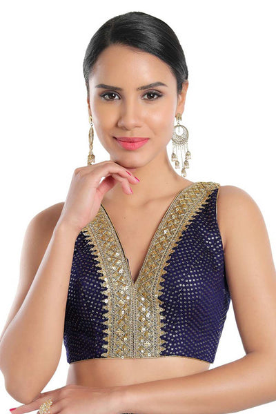 Buy Navy Blue Jain Silk  Sequin Blouse Online