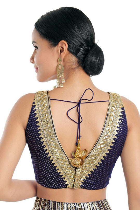 Uma Navy Blue Art Silk Sequin V-Neck Sleeveless Blouse