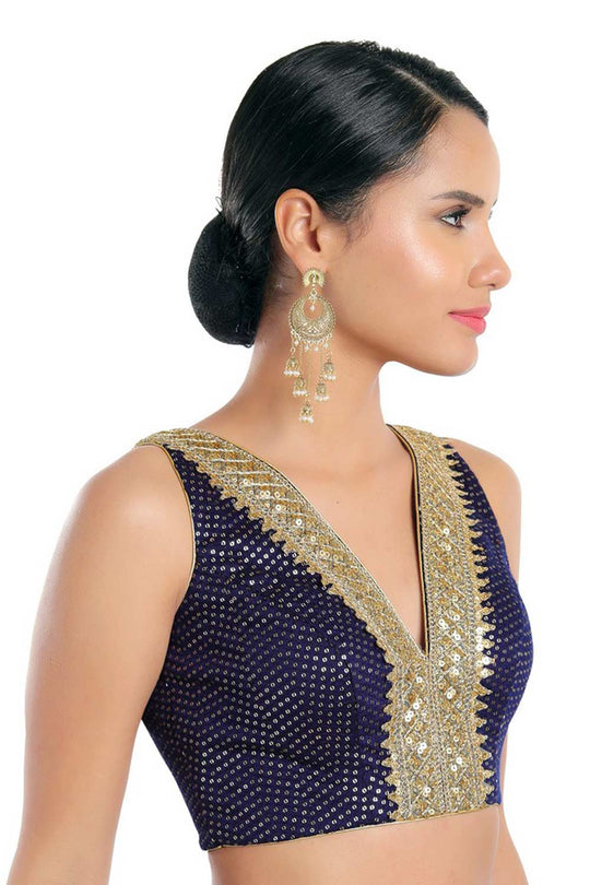 Uma Navy Blue Art Silk Sequin V-Neck Sleeveless Blouse