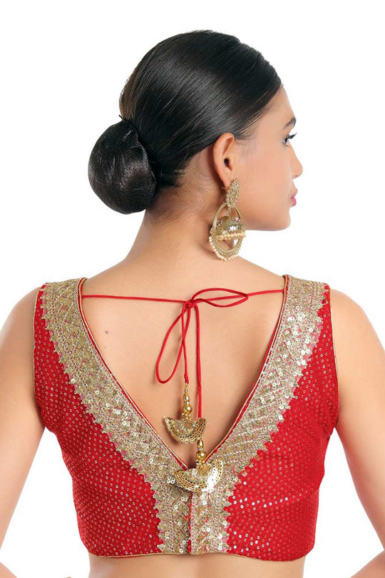 Uma Red Art Silk Sequin V-Neck Sleeveless Blouse