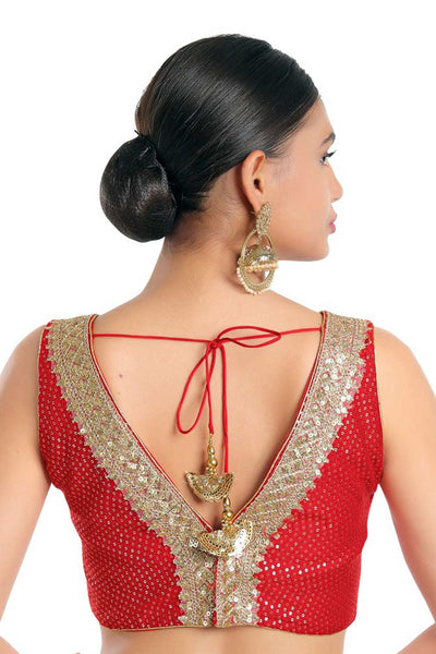 Uma Red Art Silk Sequin V-Neck Sleeveless Blouse