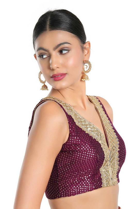 Uma Wine Art Silk Sequin V-Neck Sleeveless Blouse