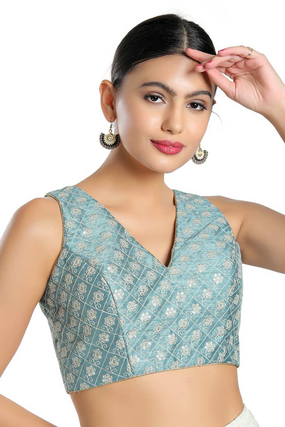 Buy Dusty Blue Jain Silk  Embroidered Blouse Online