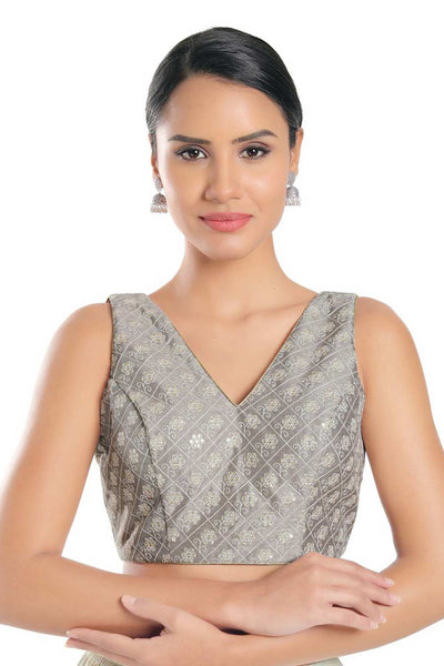 Buy Grey Jain Silk  Embroidered Blouse Online