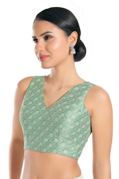 Pista Green Art Silk Embroidered Sleeveless Blouse