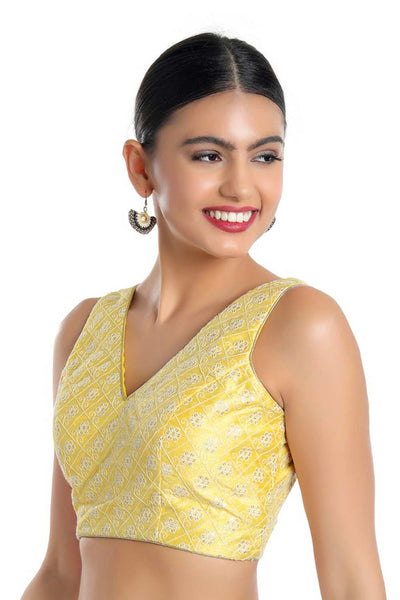 Blanche Yellow Art Silk Embroidered Sleeveless Blouse