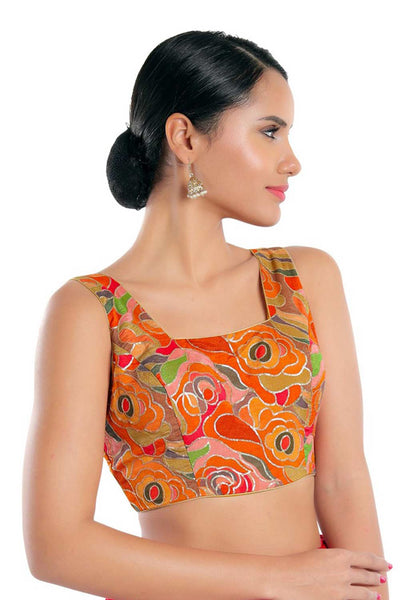 Raina Orange Chiffon Embroidered Sleeveless Blouse