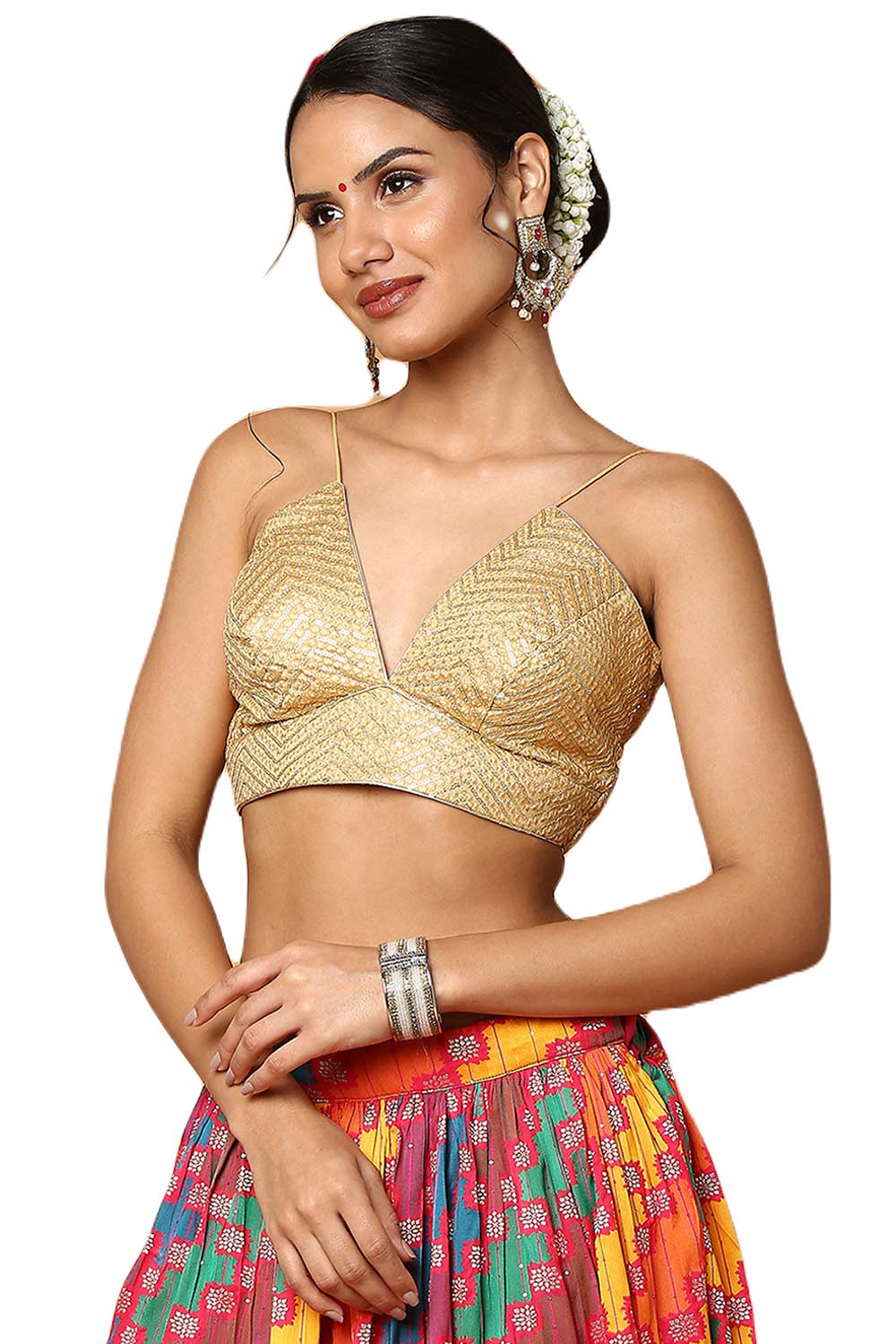 Alia Gold Deep-V Strappy Sleeveless Blouse