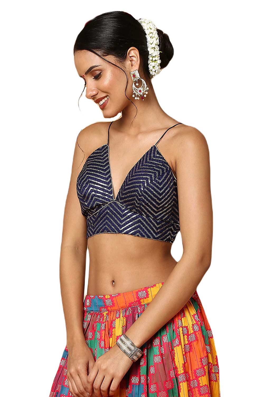 Alia Navy Deep-V Strappy Sleeveless Blouse