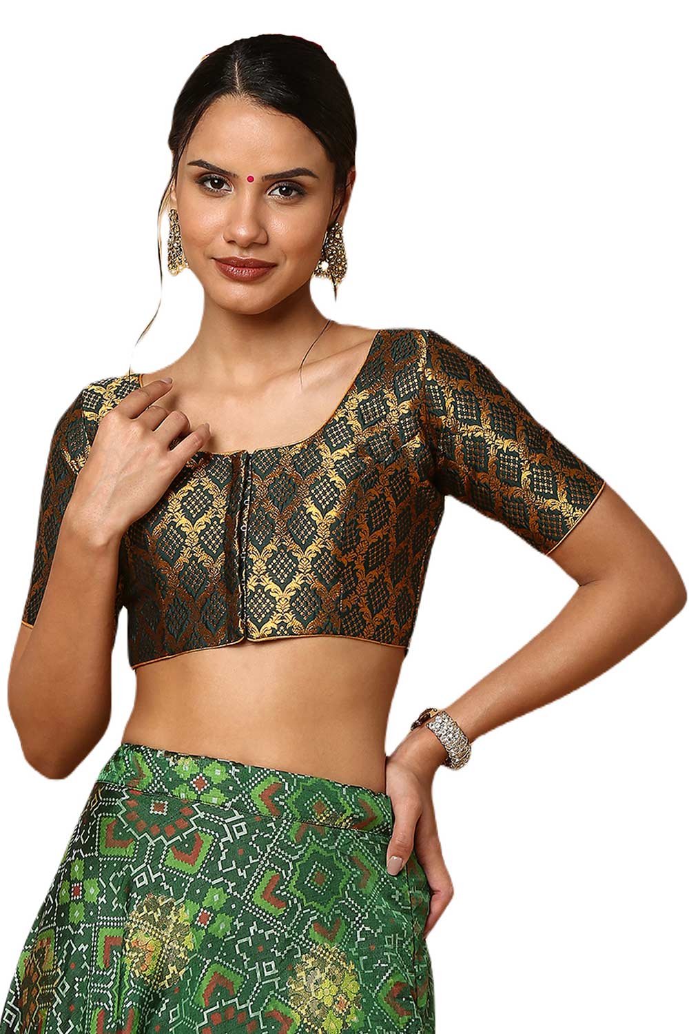 Buy Bottle Green Silk Blend  Woven Blouse Online