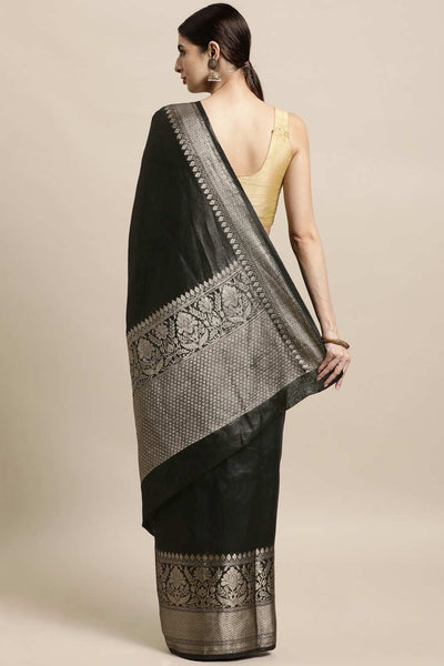 Buy Black Zari Woven Linen Blend One Minute Saree Online - Back