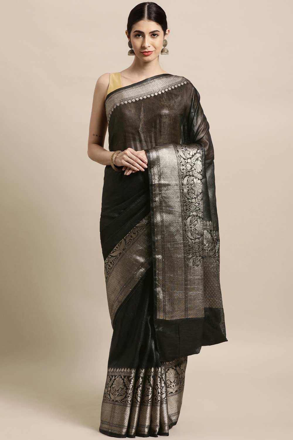 Buy Black Zari Woven Linen Blend One Minute Saree Online