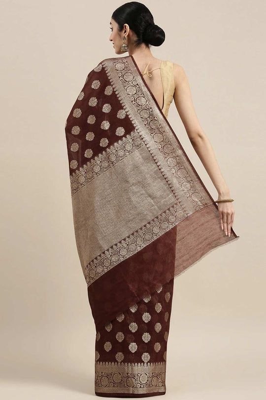 Buy Brown Zari Woven Pure Linen One Minute Saree Online - Back