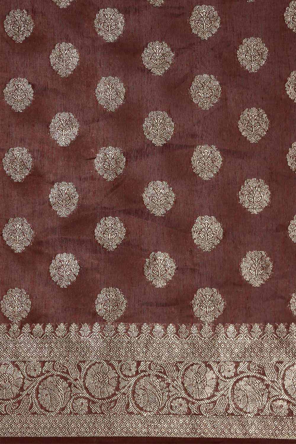 Buy Brown Zari Woven Pure Linen One Minute Saree Online - Front