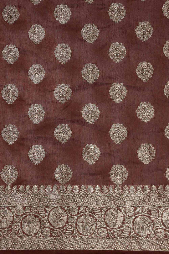 Buy Brown Zari Woven Pure Linen One Minute Saree Online - Front