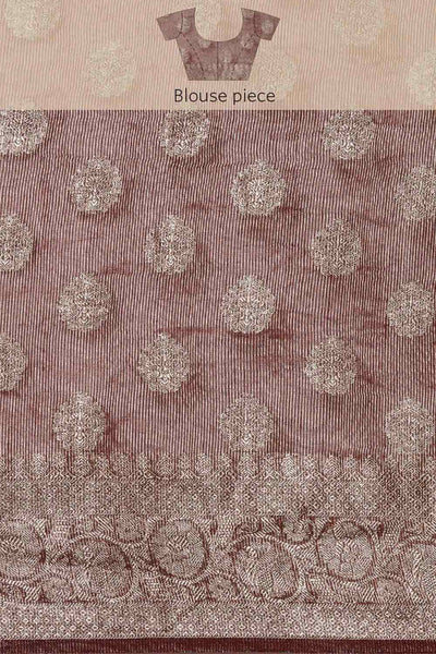 Buy Brown Zari Woven Pure Linen One Minute Saree Online - Zoom Out