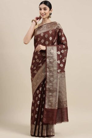 Buy Brown Zari Woven Pure Linen One Minute Saree Online