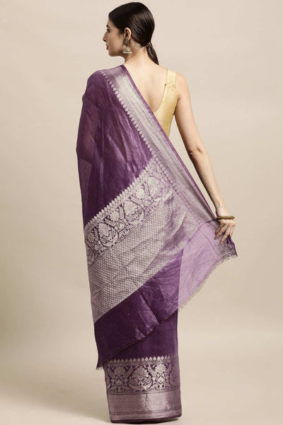 Buy Purple Zari Woven Linen Blend One Minute Saree Online - Back