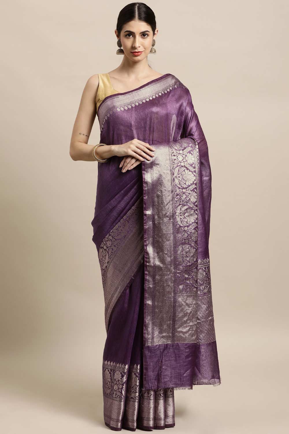Buy Purple Zari Woven Linen Blend One Minute Saree Online
