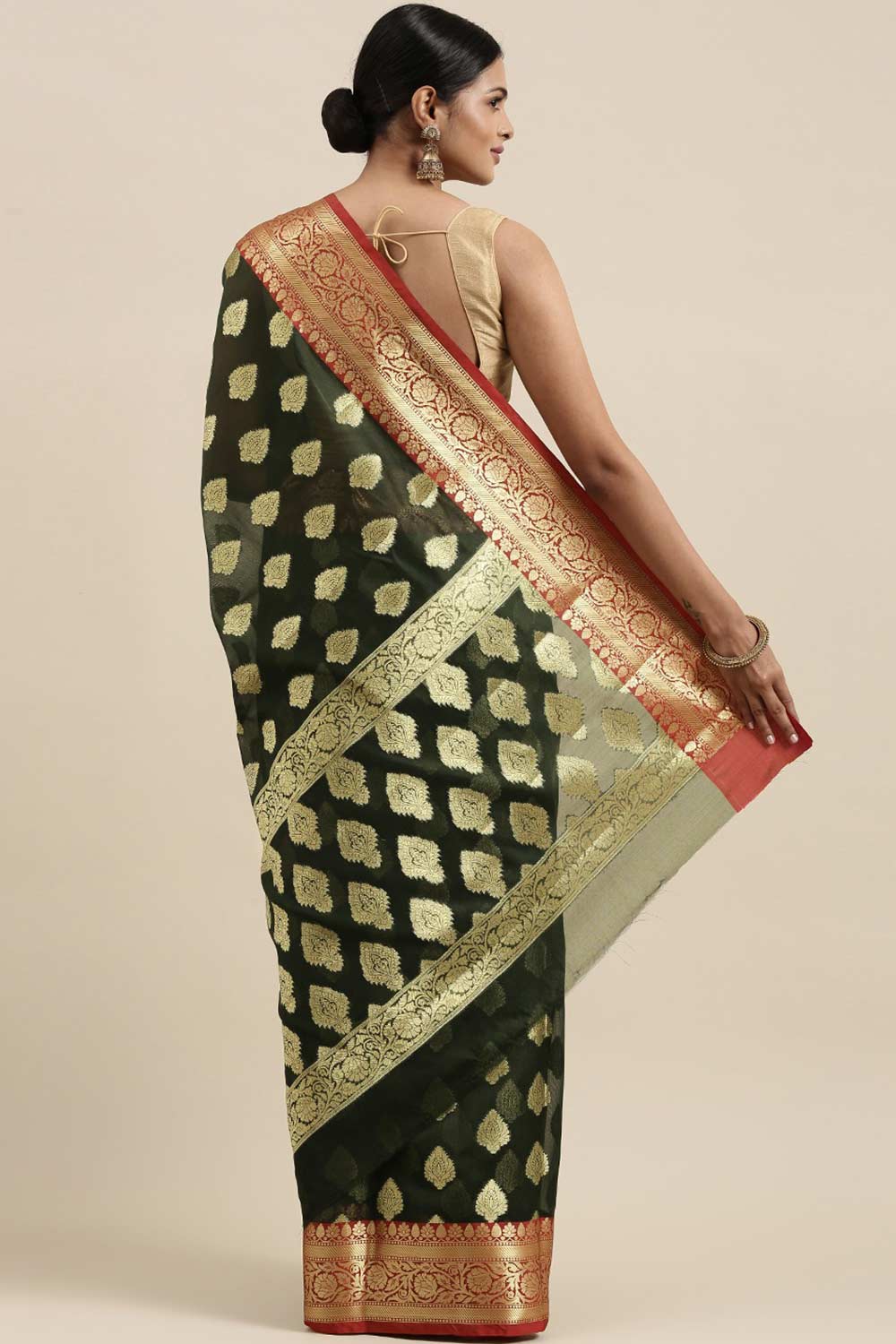 Buy Green Zari Woven Art Silk One Minute Saree Online - Back