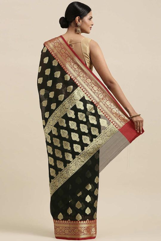 Buy Black Zari Woven Art Silk One Minute Saree Online - Back