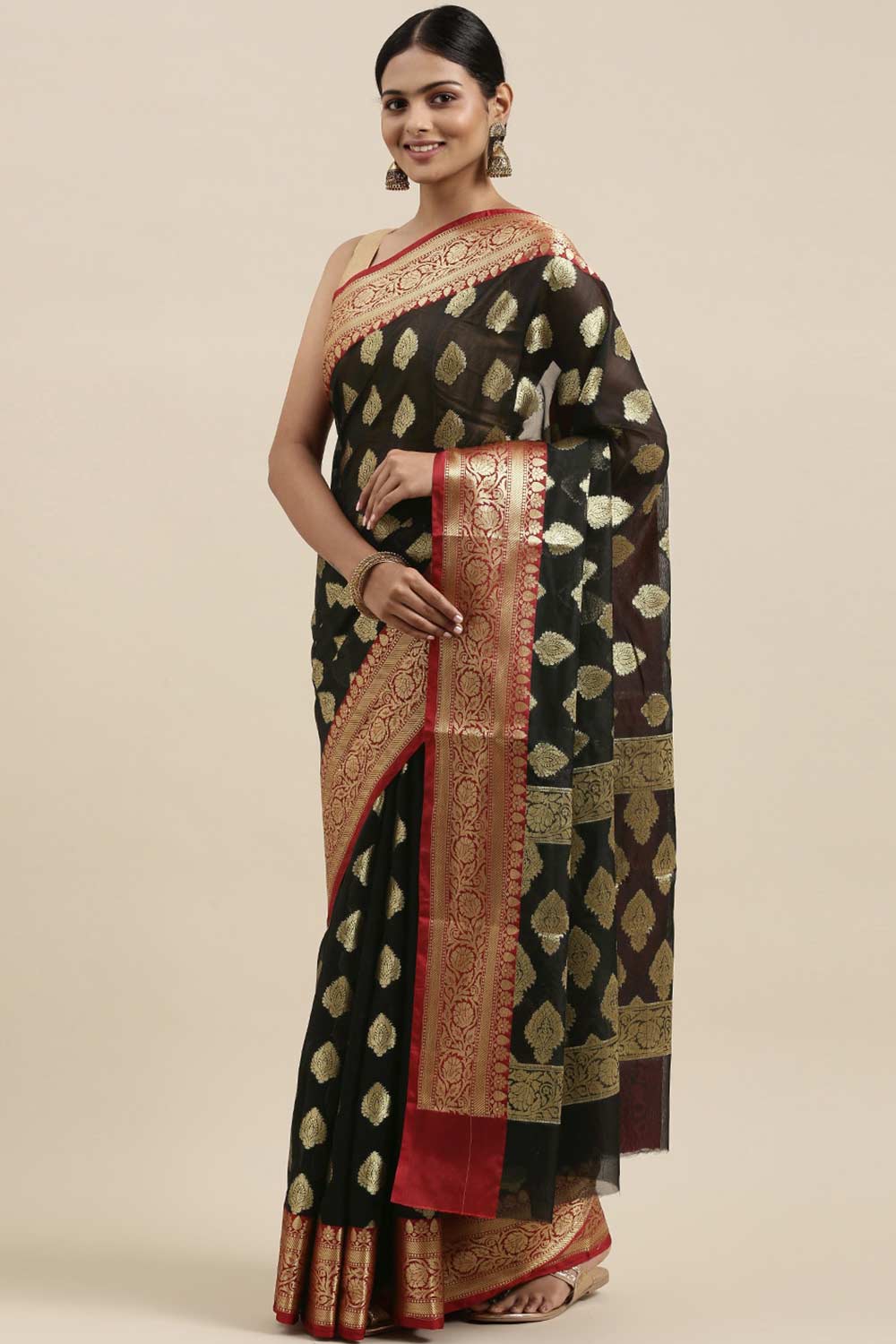 Buy Black Zari Woven Art Silk One Minute Saree Online