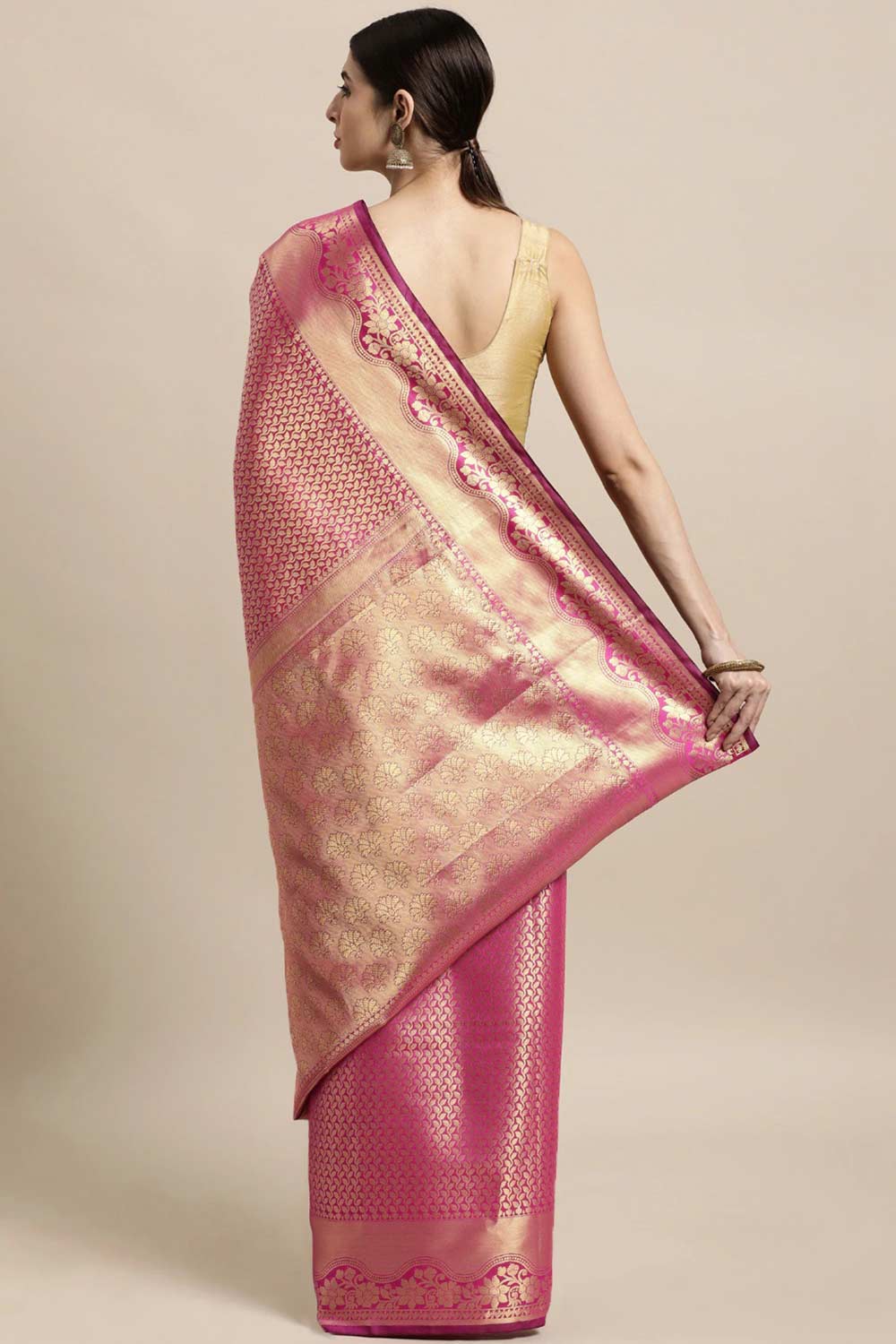 Buy Pink Zari Woven Silk Blend One Minute Saree Online - Back