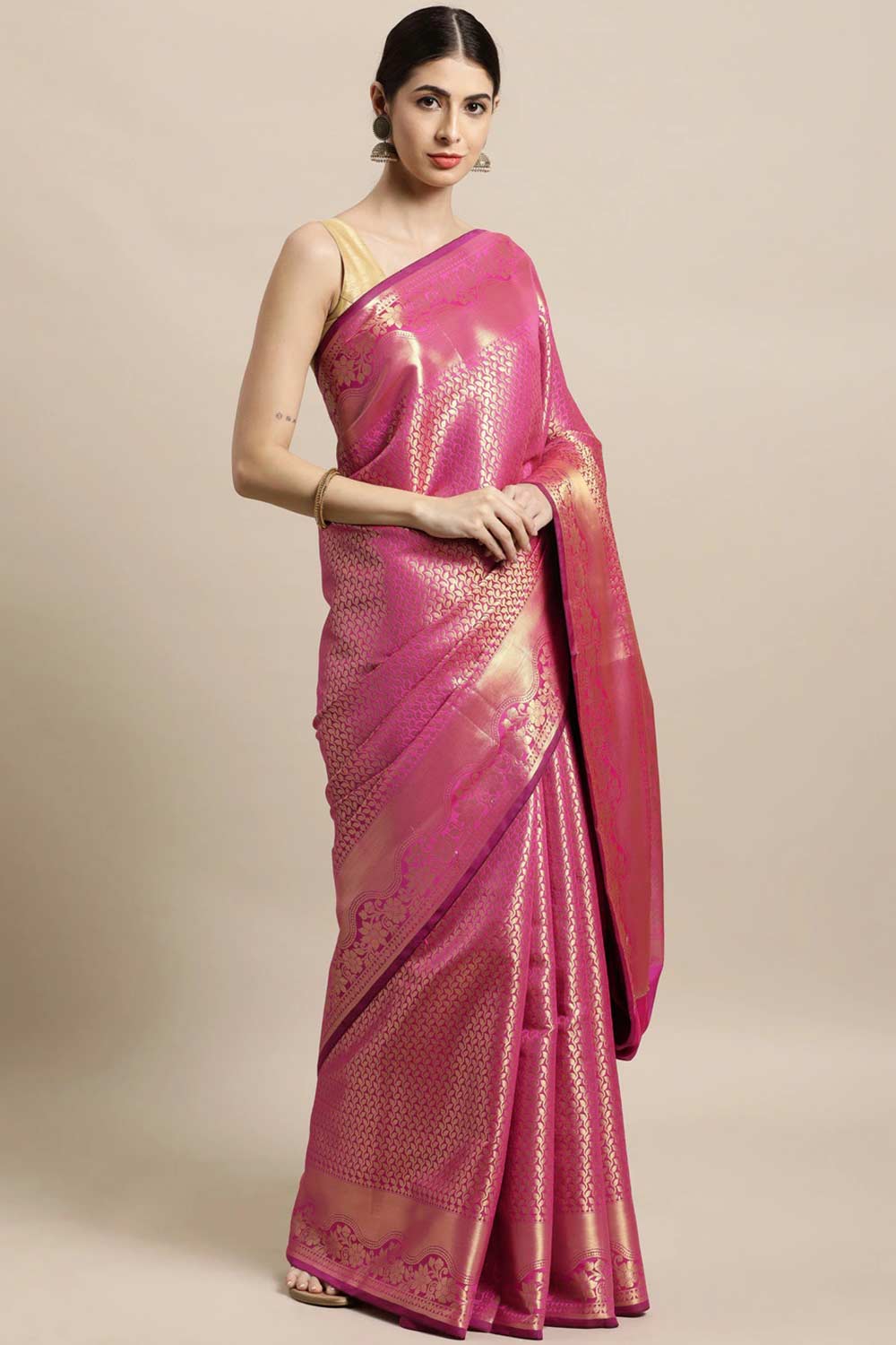 Buy Pink Zari Woven Silk Blend One Minute Saree Online