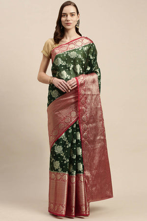 Buy Dark Green Woven Organza One Minute Saree