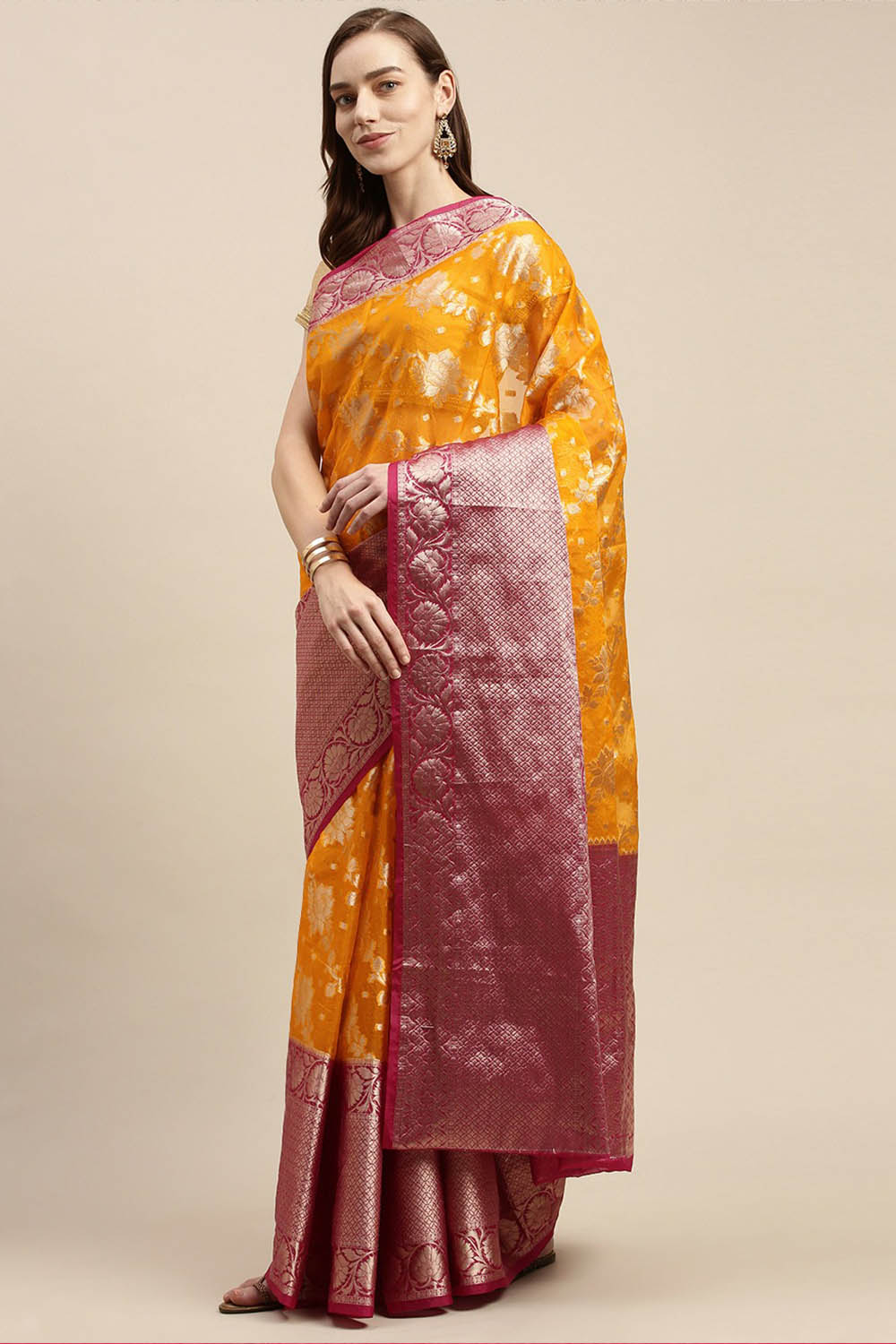Buy Yellow Woven Organza One Minute Saree