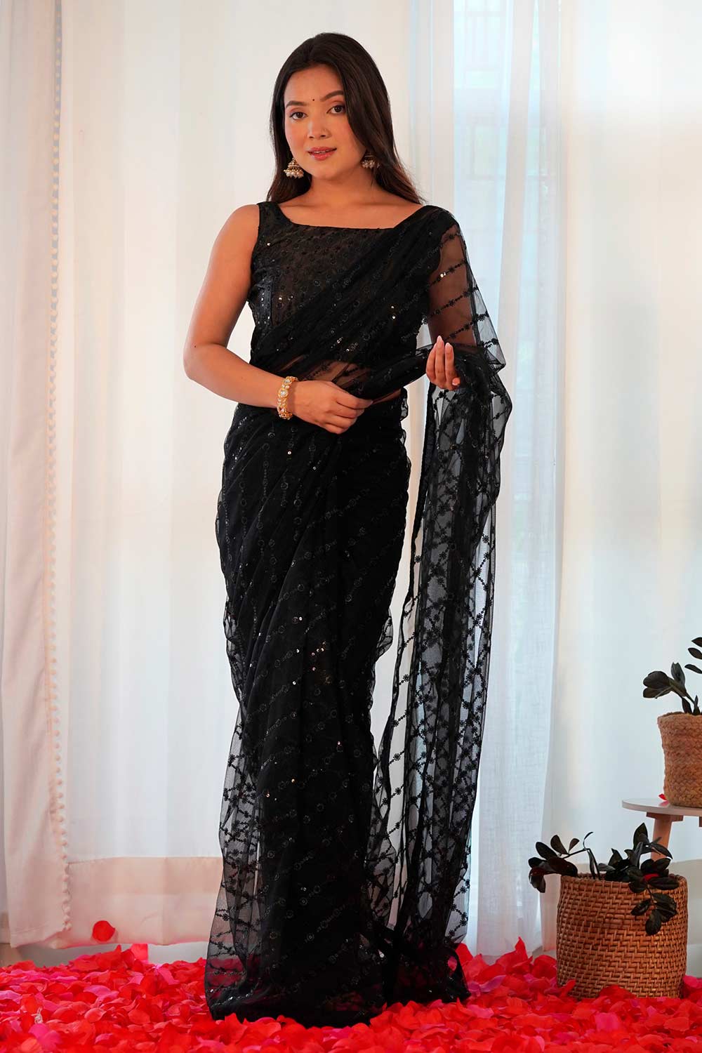 Alina Black Net Party Wear Embellished Saree