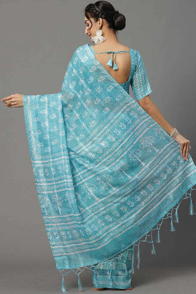 Valerie Turquoise Soft Silk Bagh Block Print One Minute Saree