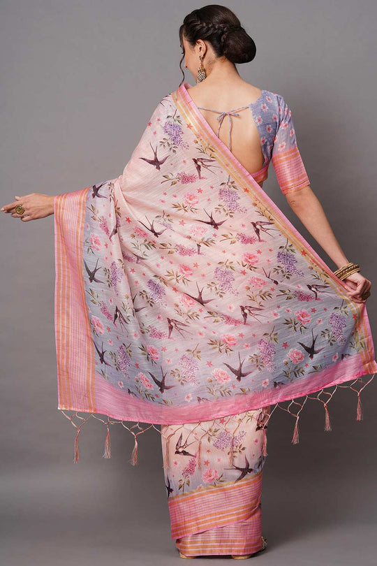 Buy Peach Floral Printed Linen Blend One Minute Saree Online - Back