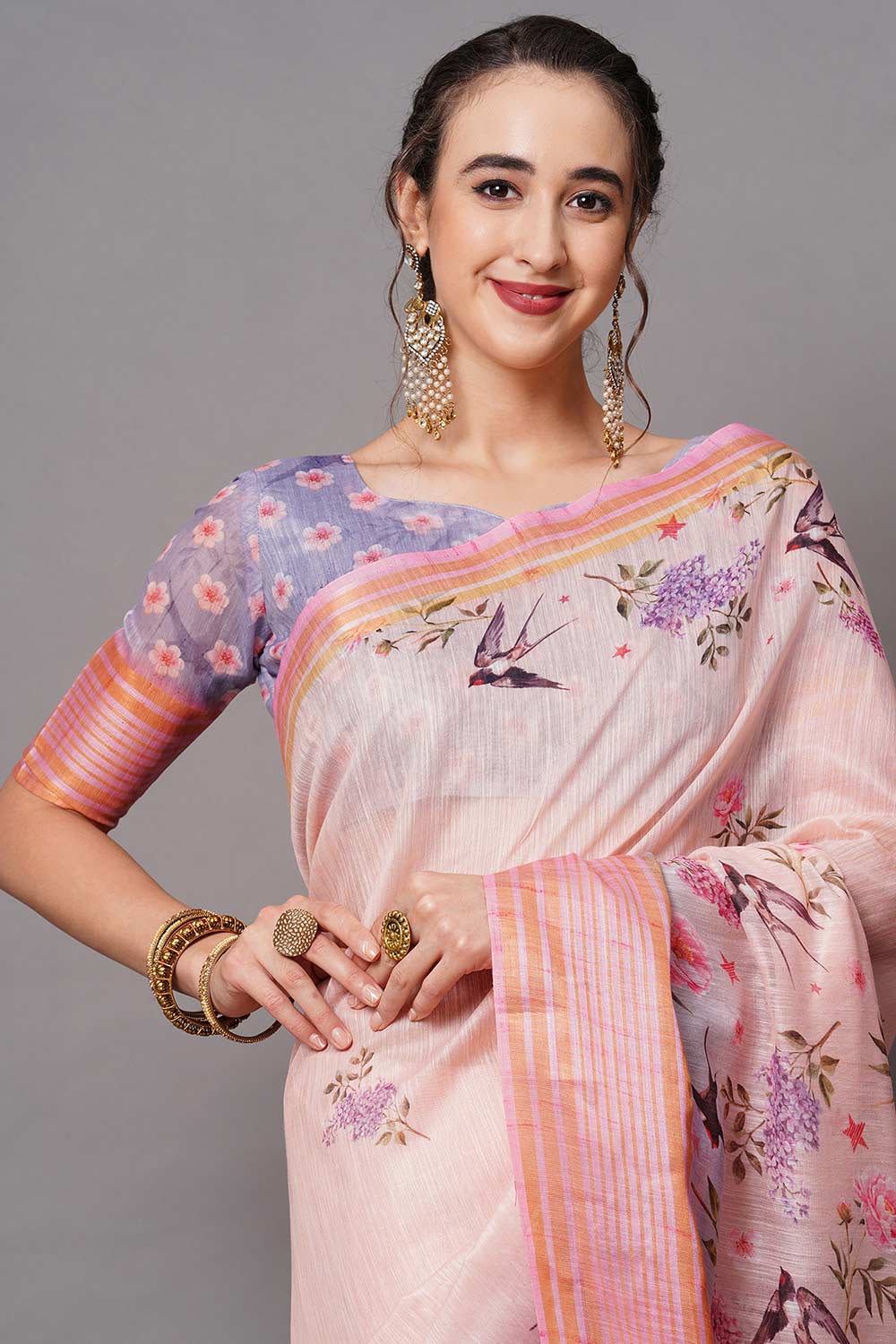 Buy Peach Floral Printed Linen Blend One Minute Saree Online - Front