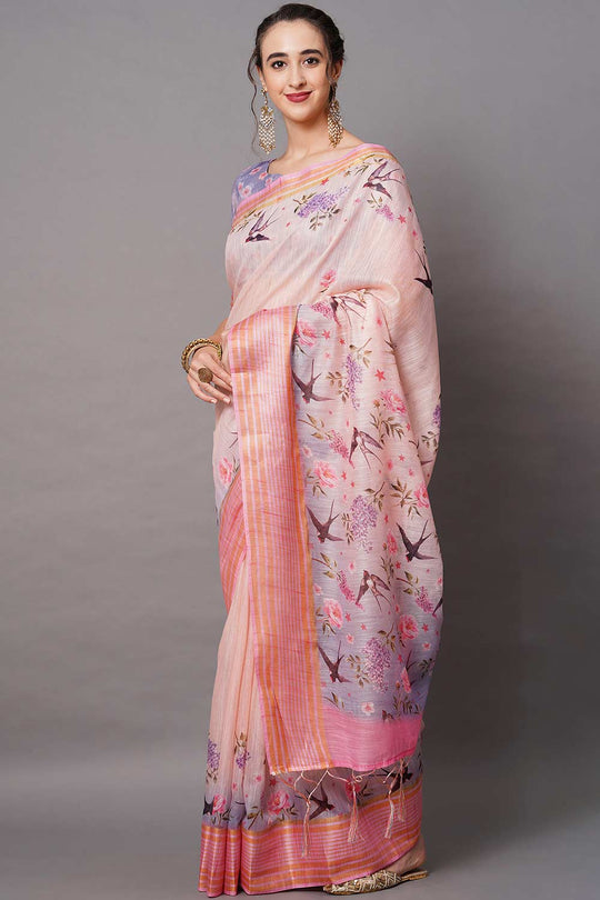 Buy Peach Floral Printed Linen Blend One Minute Saree Online - Side