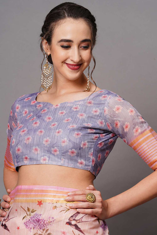 Buy Peach Floral Printed Linen Blend One Minute Saree Online - Zoom Out