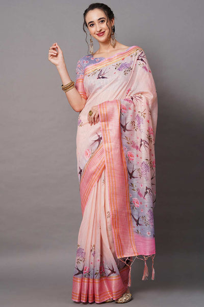 Buy Peach Floral Printed Linen Blend One Minute Saree Online