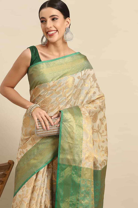 Buy Beige Tusser Art Silk Floral Printed Banarasi One Minute Saree Online 