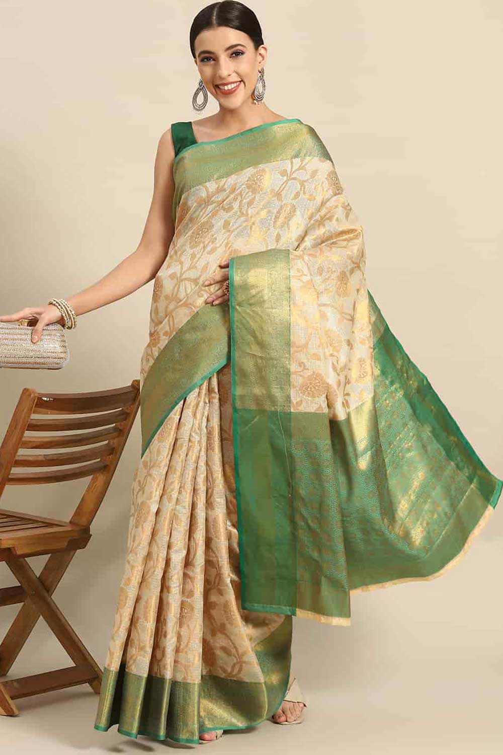 Buy Beige Tusser Art Silk Floral Printed Banarasi Saree Online - Front 