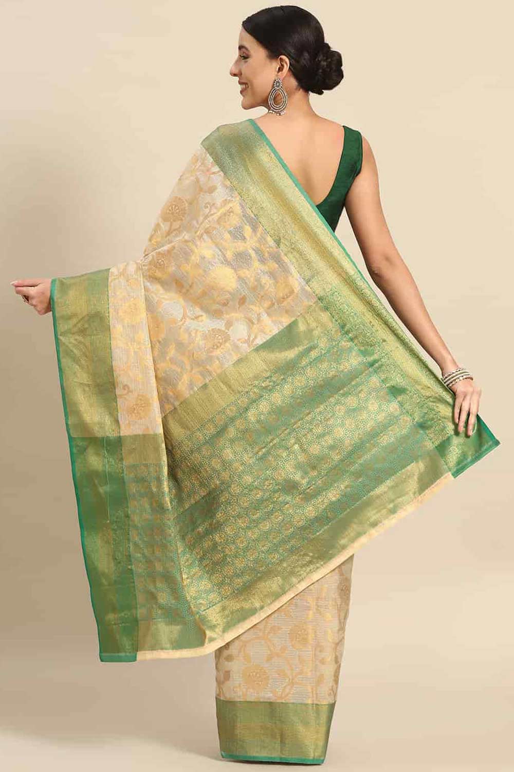 Buy Beige Tusser Art Silk Floral Printed Banarasi Saree Online - Back 