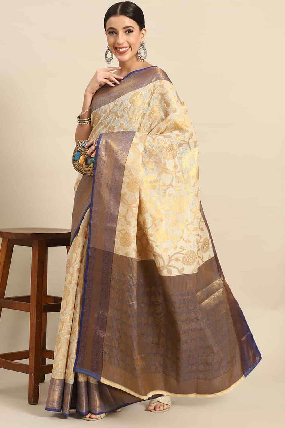 Buy Beige Tusser Art Silk Floral Printed Banarasi One Minute Saree Online 